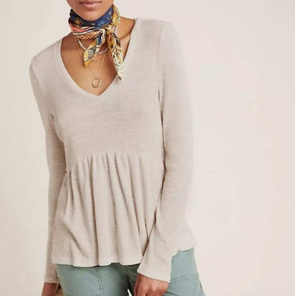 ANTHROPOLOGIE T.La WOMEN'S BEIGE V-NECK JILL BABYDOLL PEPLUM TOP Sz S